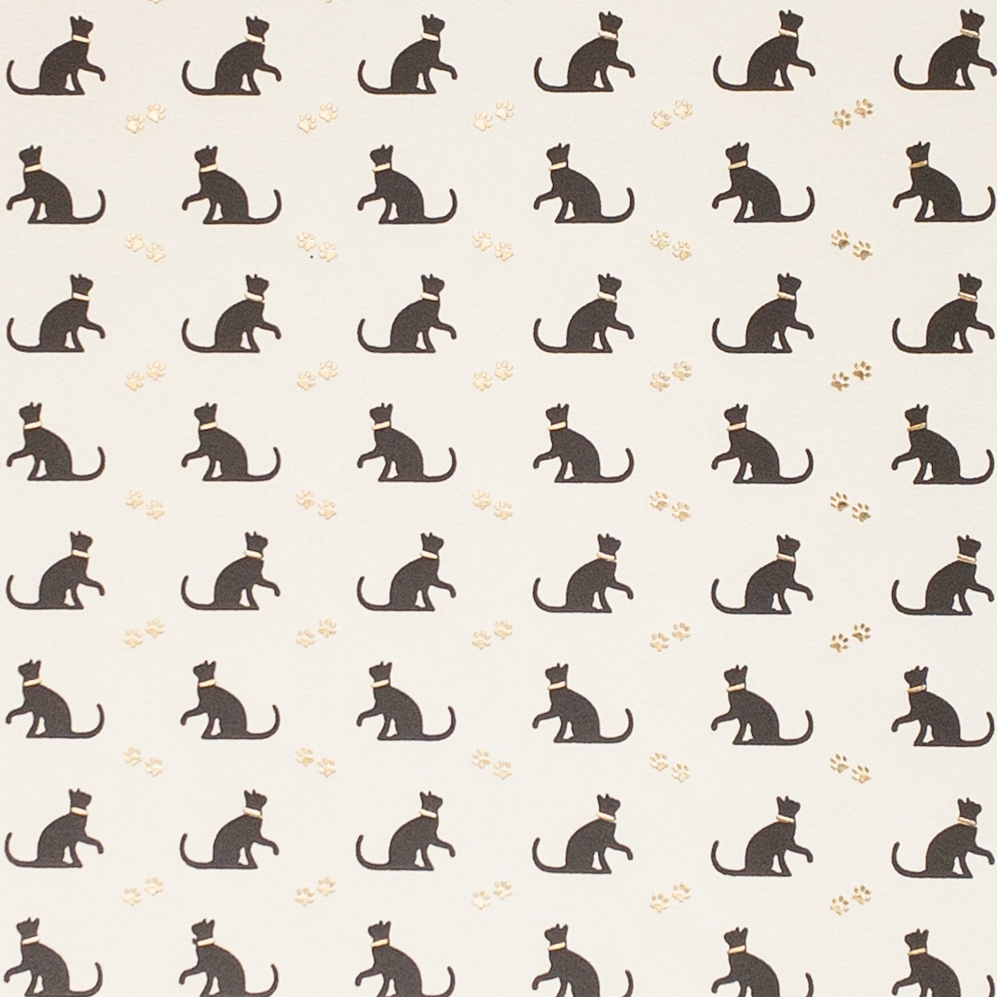 Italian Decorative Paper - Black Cats, letterpress print, Ivory ground with black cats, gold foil paw print , flat sheet 20in x 28in , 120gsm