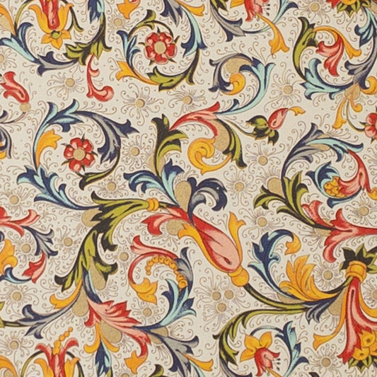 Decorative Italian Paper - Traditional Florentine Print - Ivory, yellow, red, green, flat sheet 20in x 28in, 85gsm