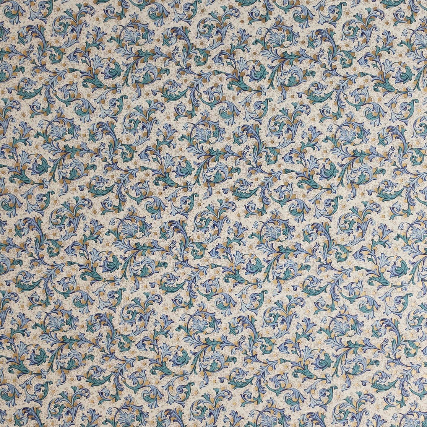 Decorative Italian Paper - Teal and Blue floral on cream background, flat sheet 20in x 28in, 85gsm