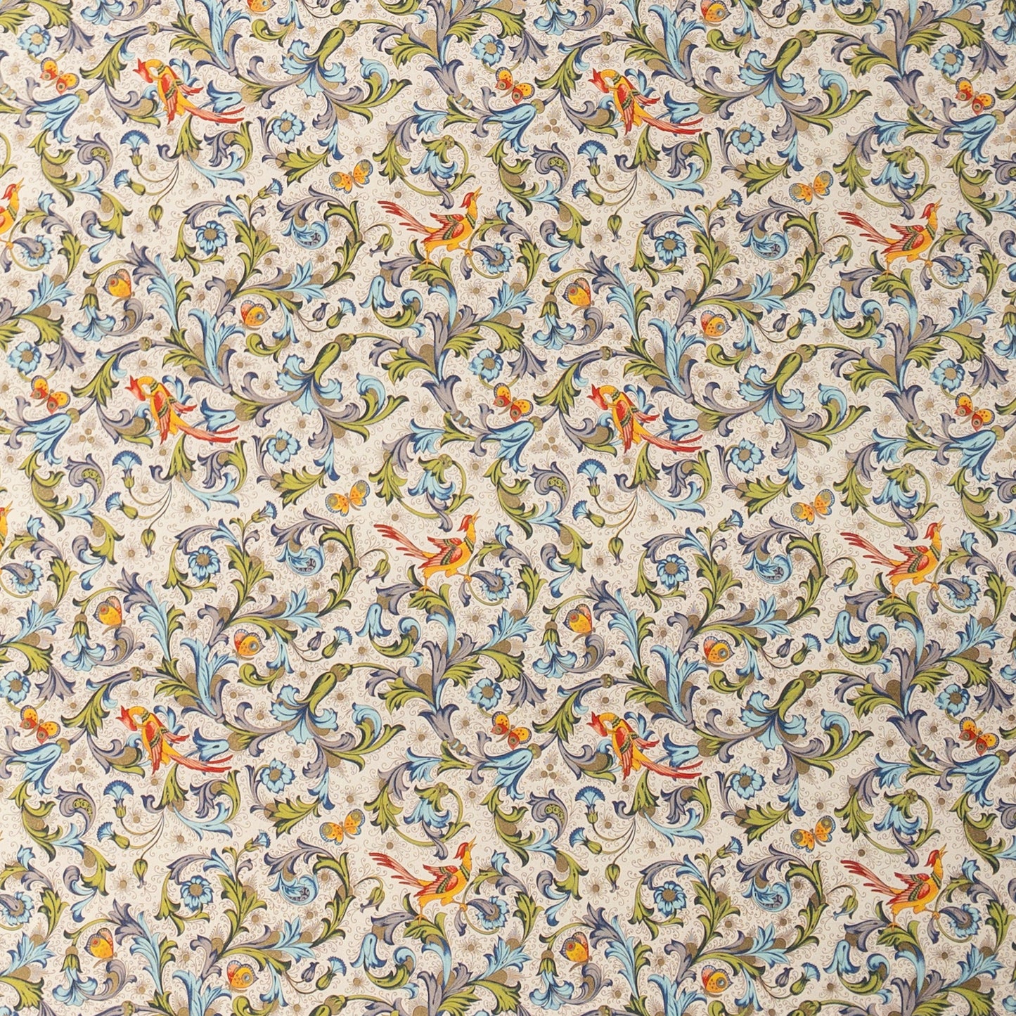 Decorative Italian Paper - Traditional Florentine Birds and Butterflies, ivory, green, blue, red, flat sheet 20in x 28in, 85gsm