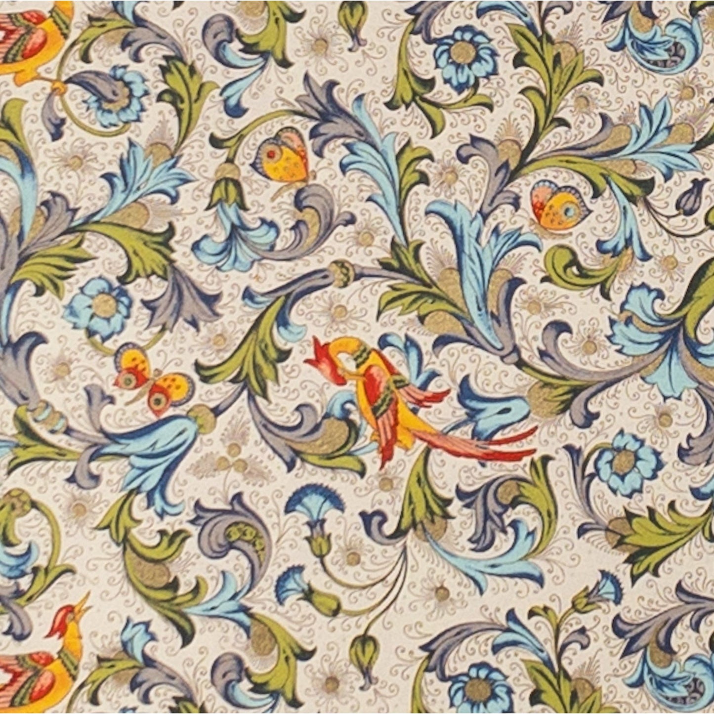 Decorative Italian Paper - Traditional Florentine Birds and Butterflies, ivory, green, blue, red, flat sheet 20in x 28in, 85gsm