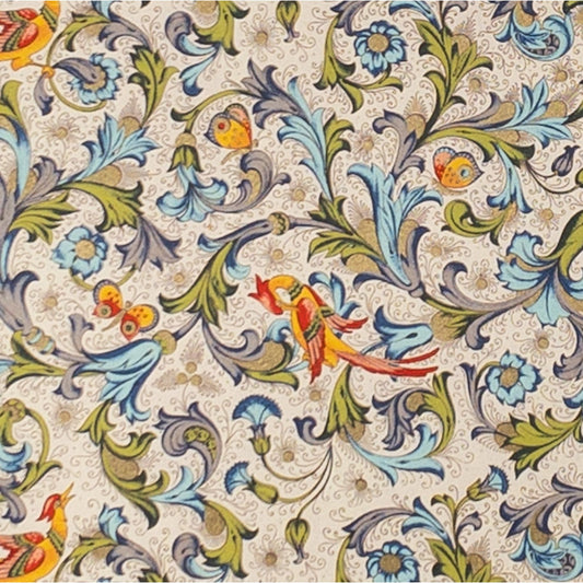 Decorative Italian Paper - Traditional Florentine Birds and Butterflies, ivory, green, blue, red, flat sheet 20in x 28in, 85gsm