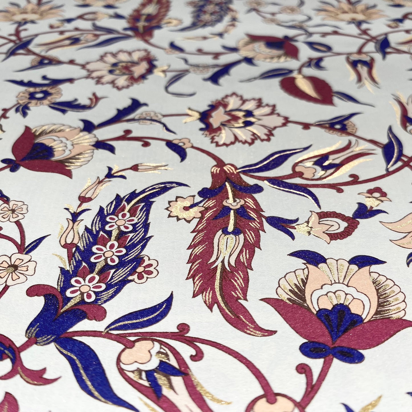 Decorative Italian Paper - Modern Florentine pattern, ivory with navy and maroon print, flat sheet 20in x 28in, 85gsm