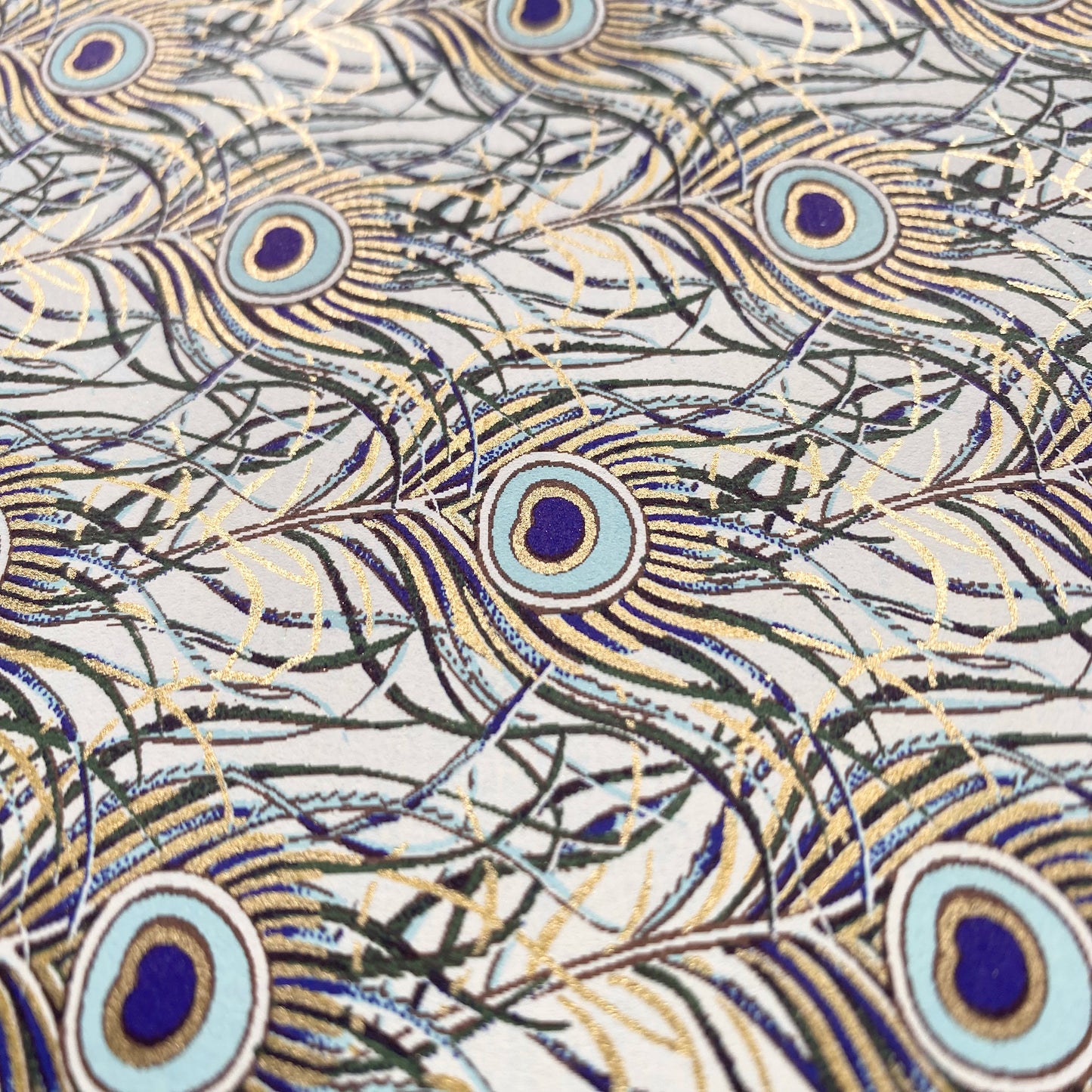 Decorative Italian Paper - Peacock Feathers Gold Foil Accents, Ivory and Blue, flat sheet 20in x 28in, 85gsm