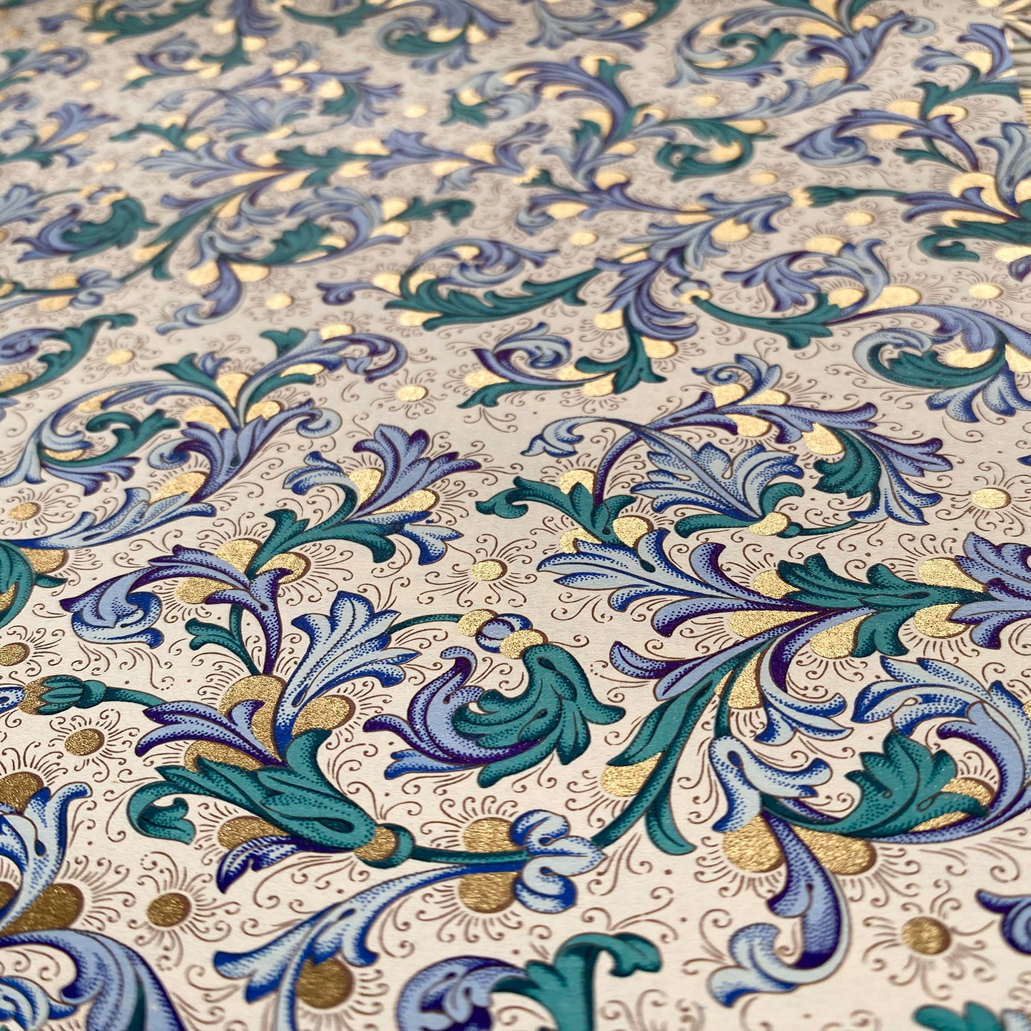 Decorative Italian Paper - Teal and Blue floral on cream background, flat sheet 20in x 28in, 85gsm