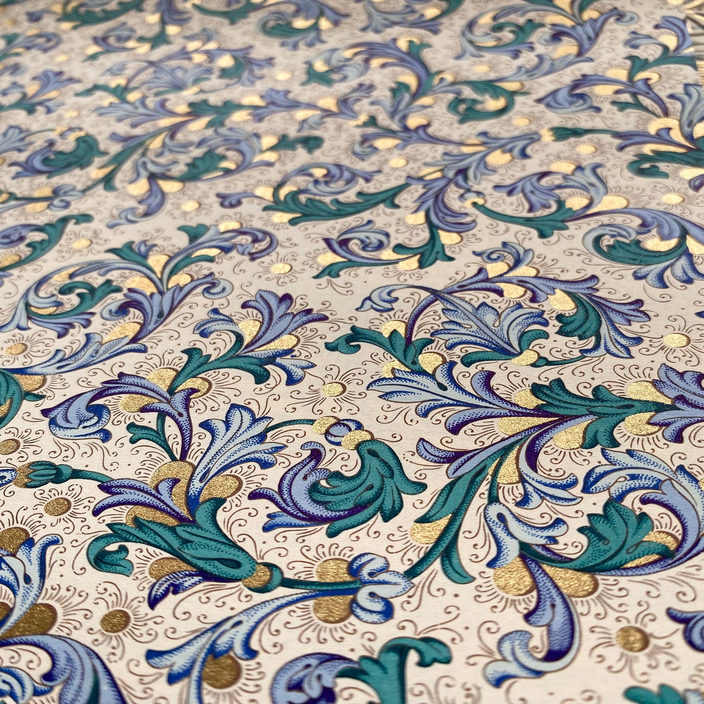 Decorative Italian Paper - Teal and Blue floral on cream background - Wax - Paper - RibbonWrapping Paper
