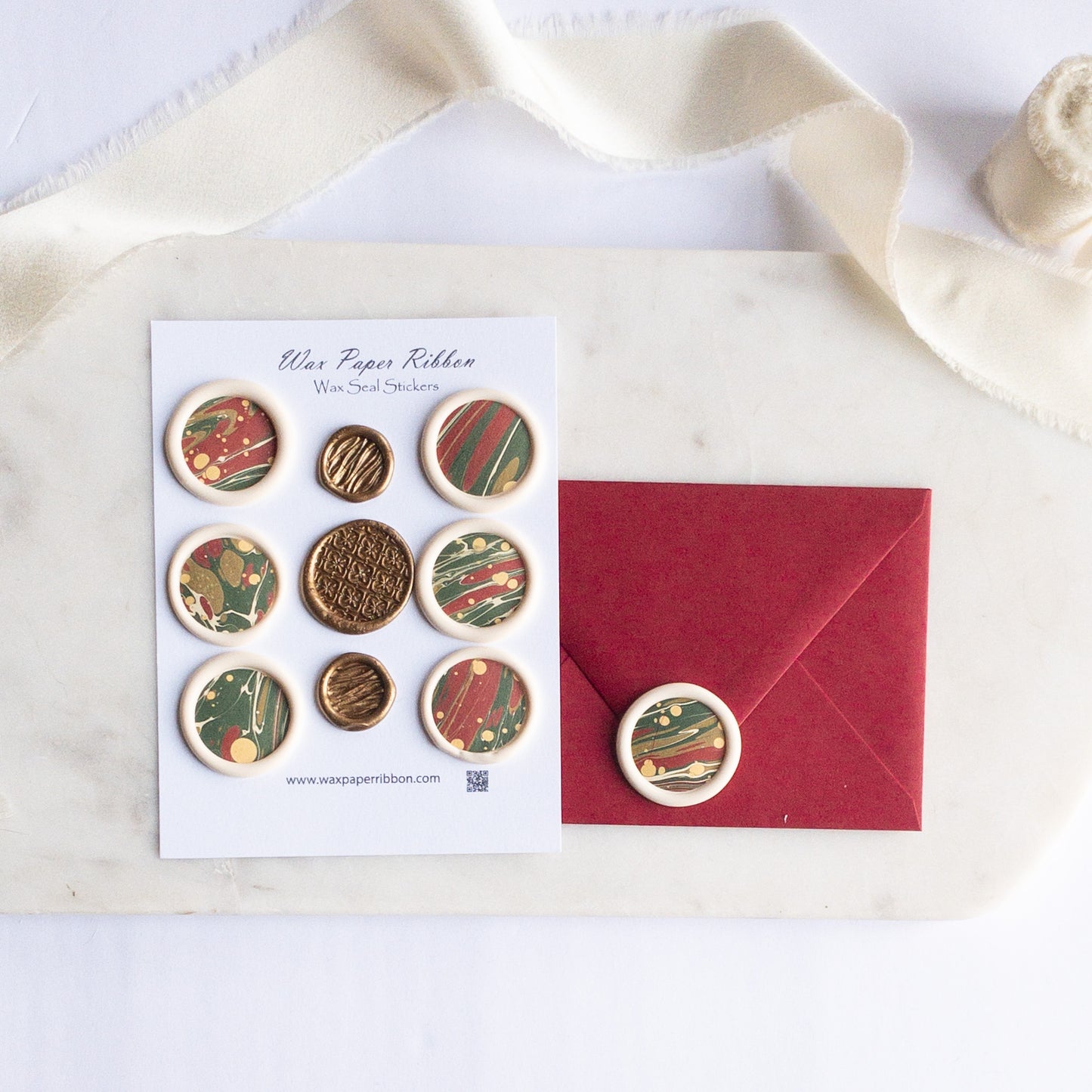 Red and Green Marble - Notecard Set with Wax Seals