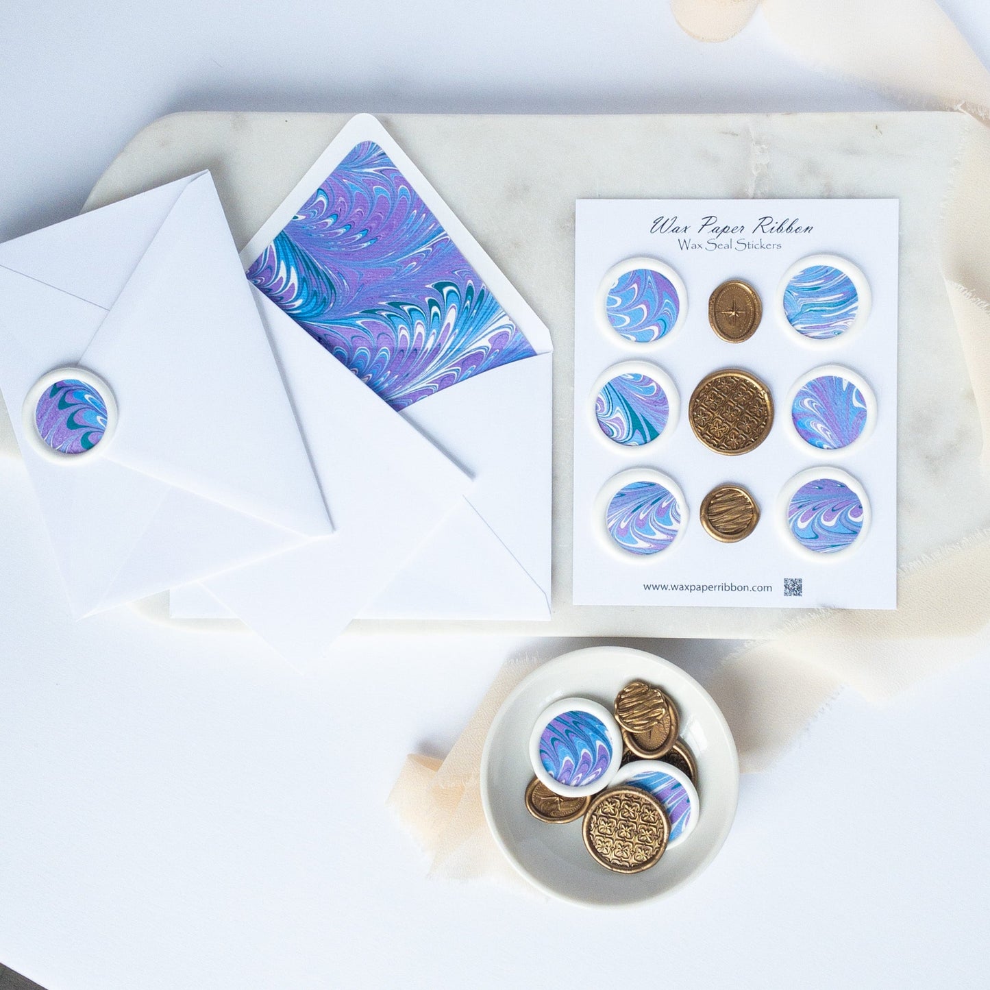 Blue Marbled Swirl - Notecard Set with Wax Seals - Wax - Paper - RibbonNotecards