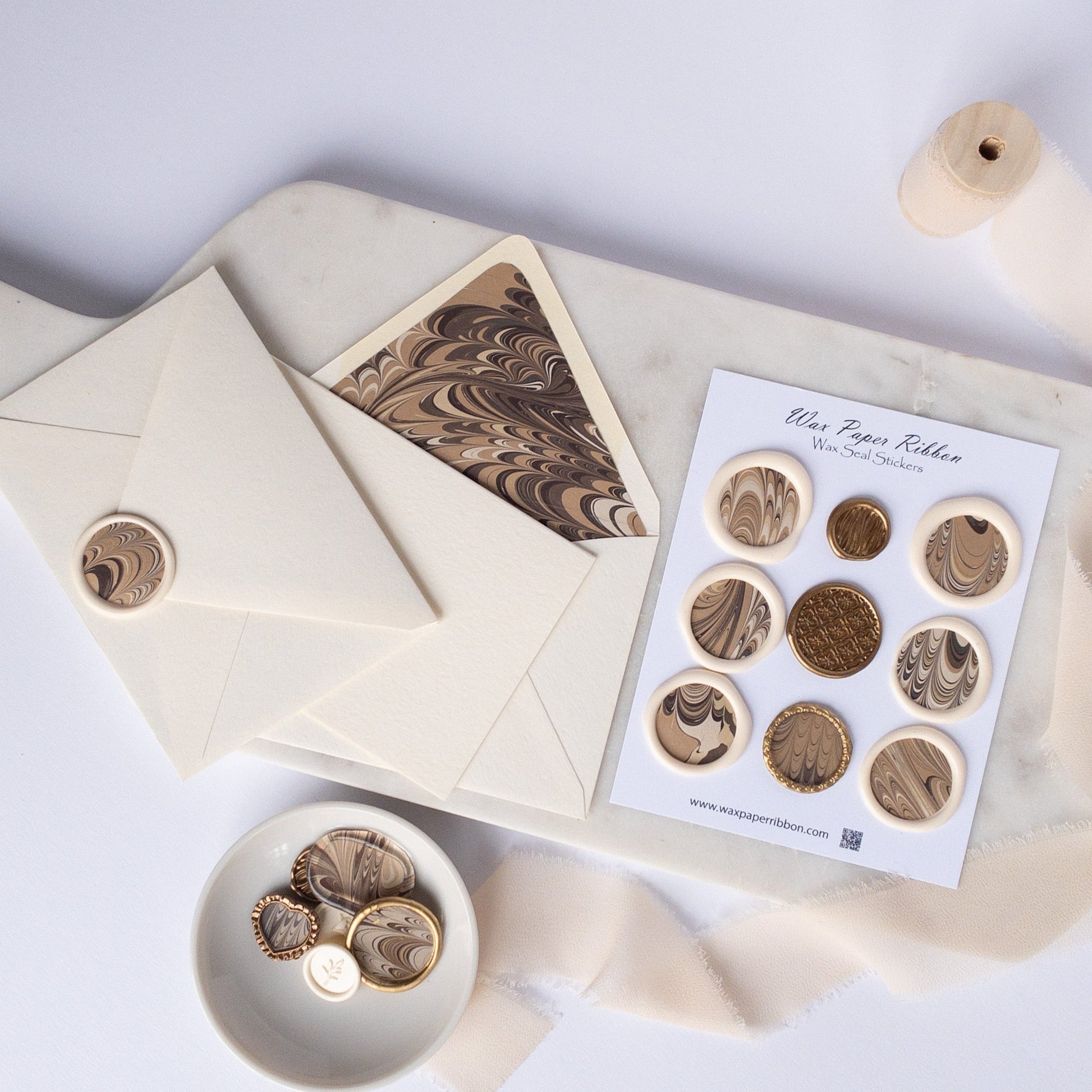 Chocolate Marbled Swirl - Notecard Set with Wax Seals - Wax - Paper - RibbonNotecards