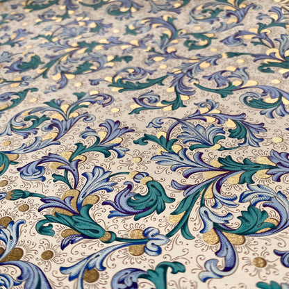 Decorative Italian Paper - Teal and Blue floral on cream background - Wax - Paper - RibbonWrapping Paper