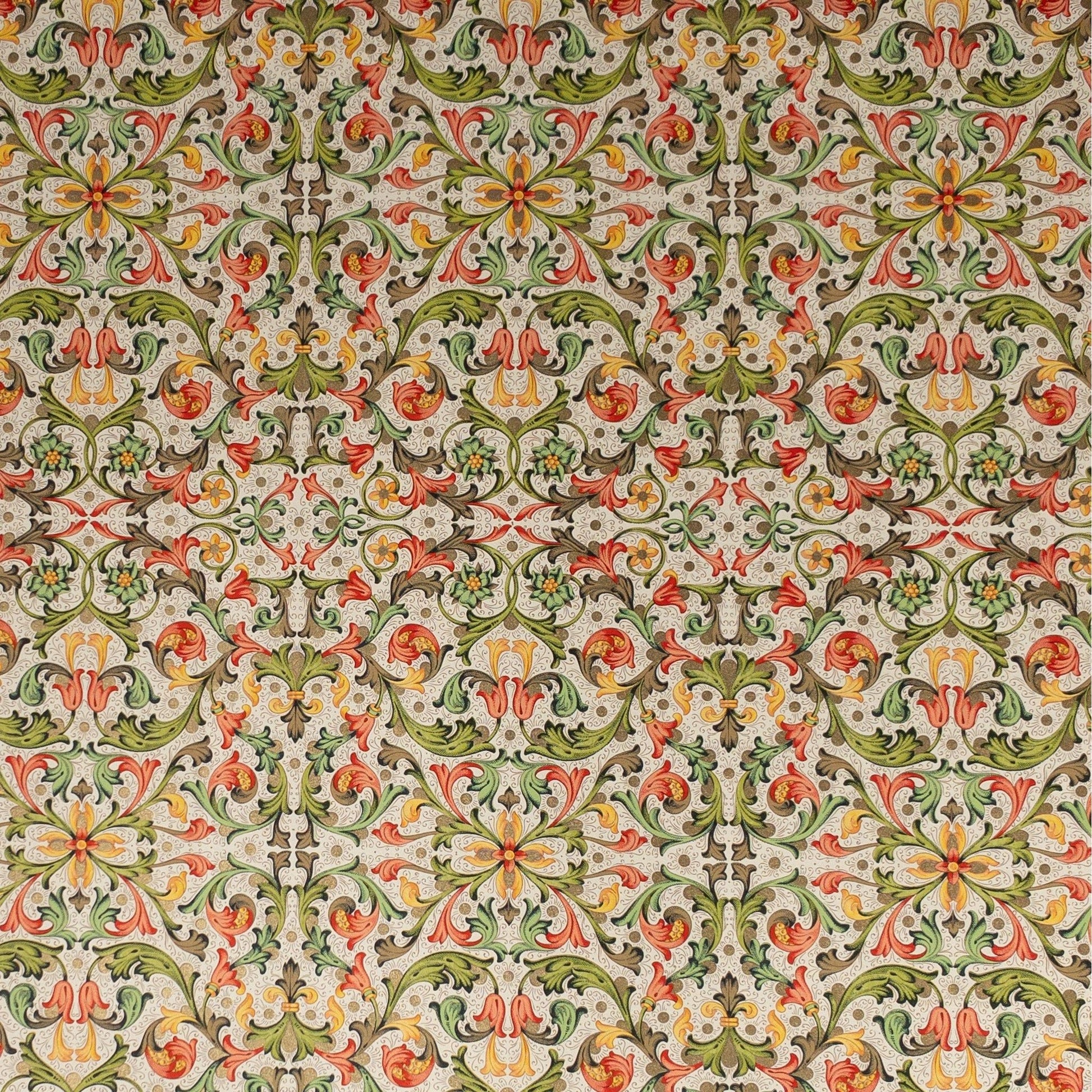 Decorative Italian Paper - Traditional Florentine Print, ivory, coral, moss green, flat sheet 20in x 28in, 85gsm - Wax - Paper - RibbonWrapping Paper