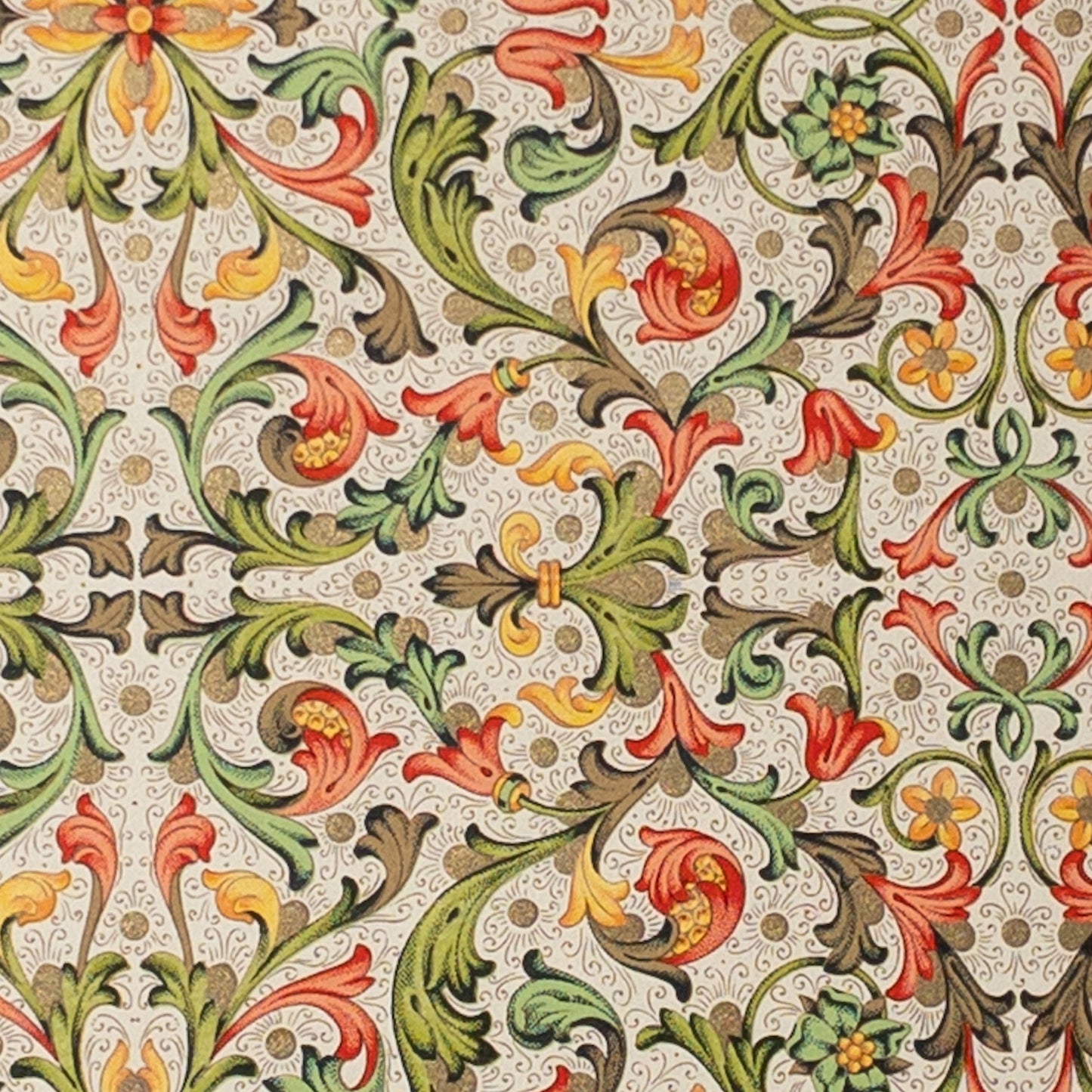 Decorative Italian Paper - Traditional Florentine Print, ivory, coral, moss green, flat sheet 20in x 28in, 85gsm - Wax - Paper - RibbonWrapping Paper