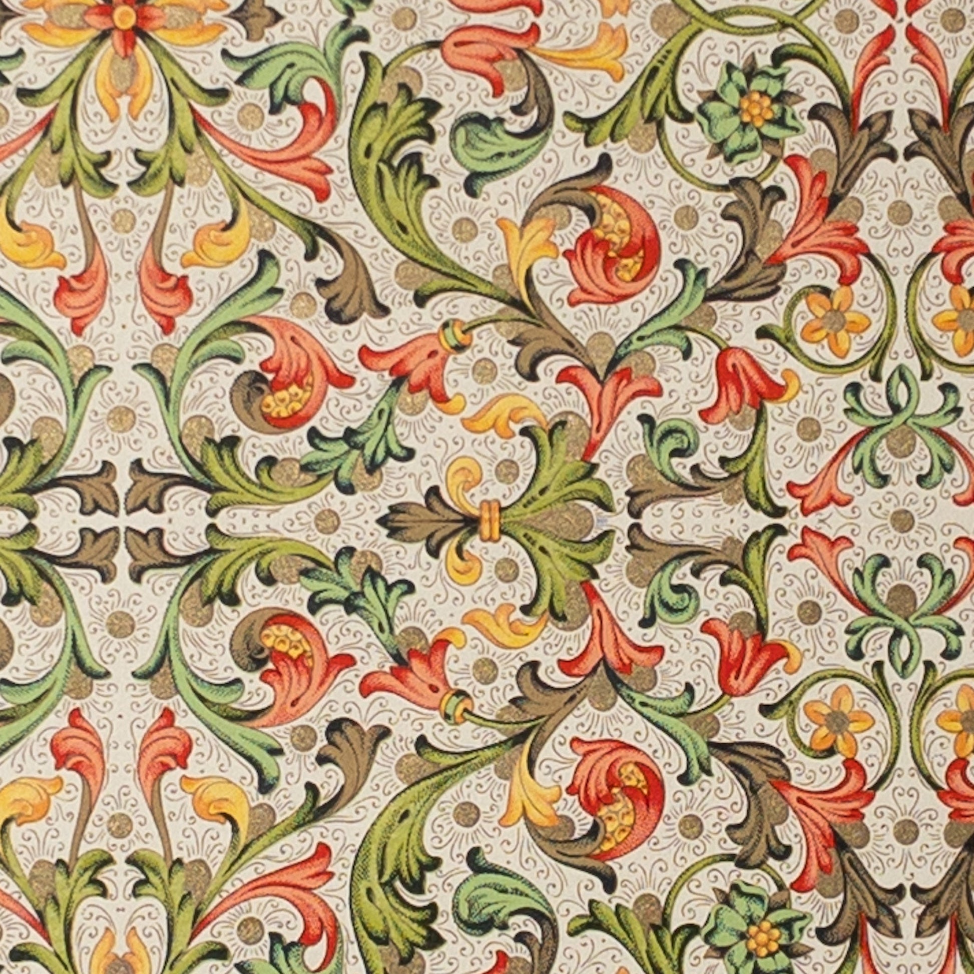 Decorative Italian Paper - Traditional Florentine Print, ivory, coral, moss green, flat sheet 20in x 28in, 85gsm - Wax - Paper - RibbonWrapping Paper