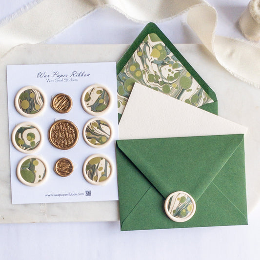 Green and Cream Marble - Notecard Set with Wax Seals - Wax - Paper - RibbonNotecards