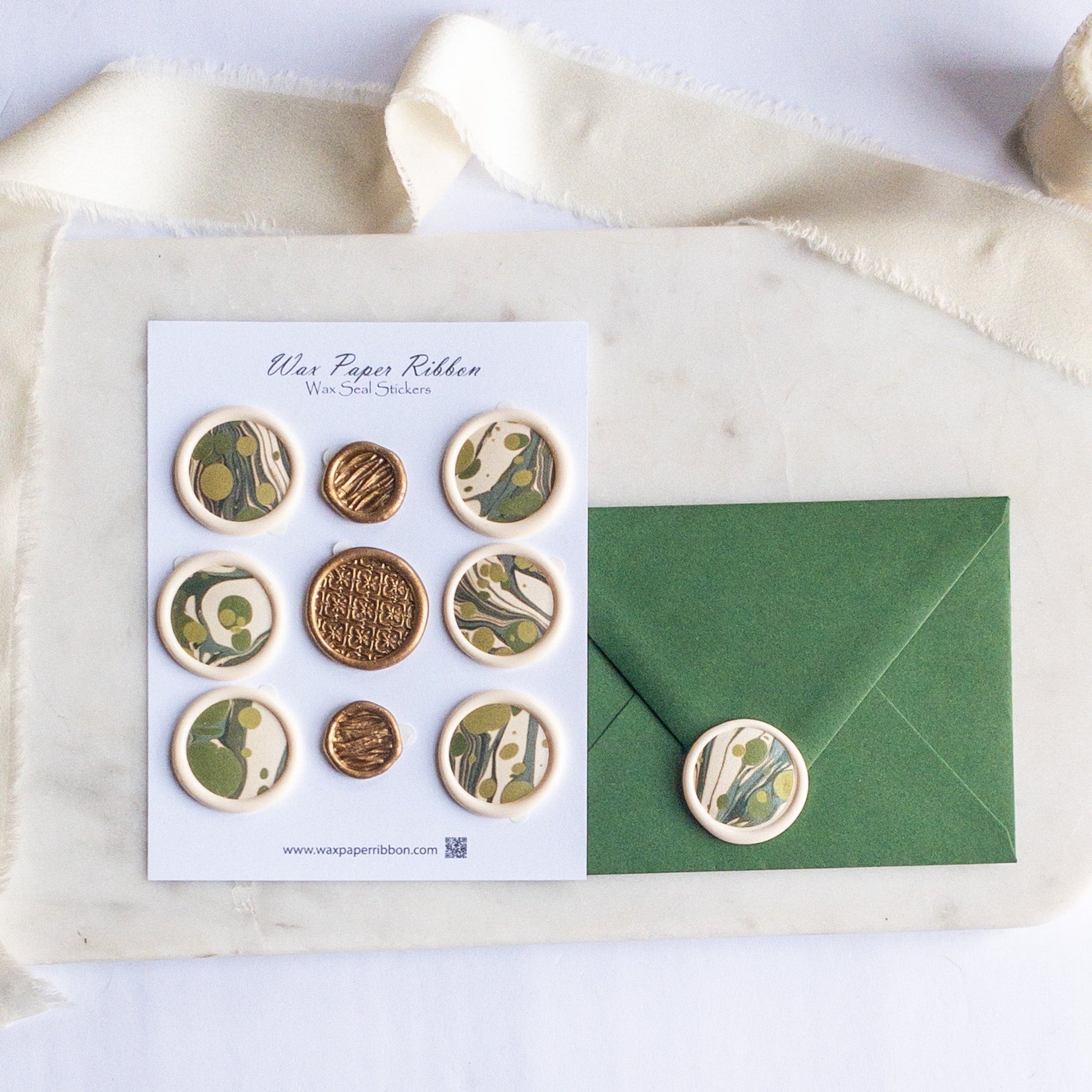 Green and Cream Marble - Notecard Set with Wax Seals - Wax - Paper - RibbonNotecards