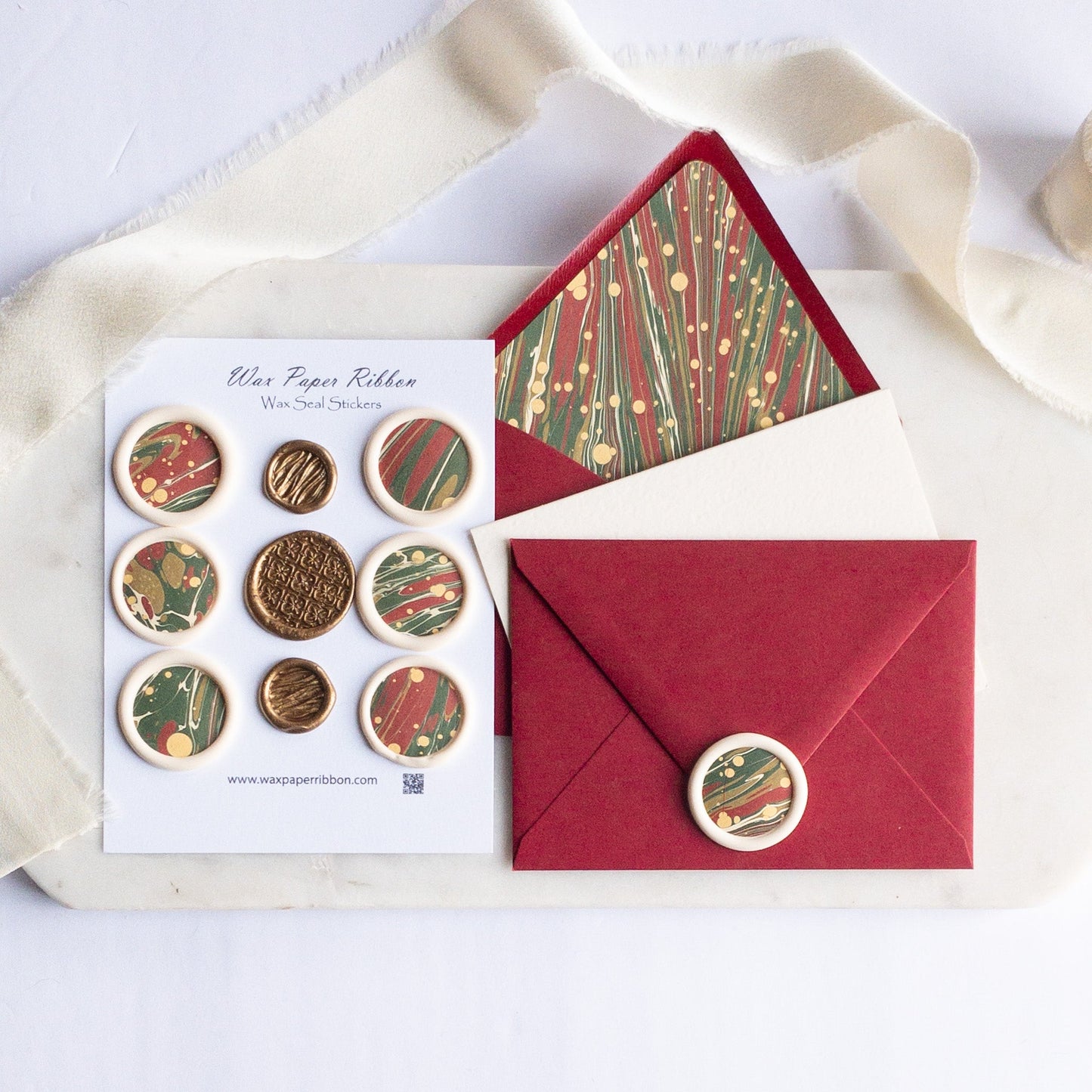 Red and Green Marble - Notecard Set with Wax Seals - Wax - Paper - RibbonNotecards