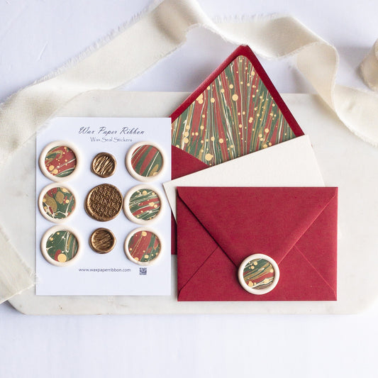 Red and Green Marble - Notecard Set with Wax Seals - Wax - Paper - RibbonNotecards