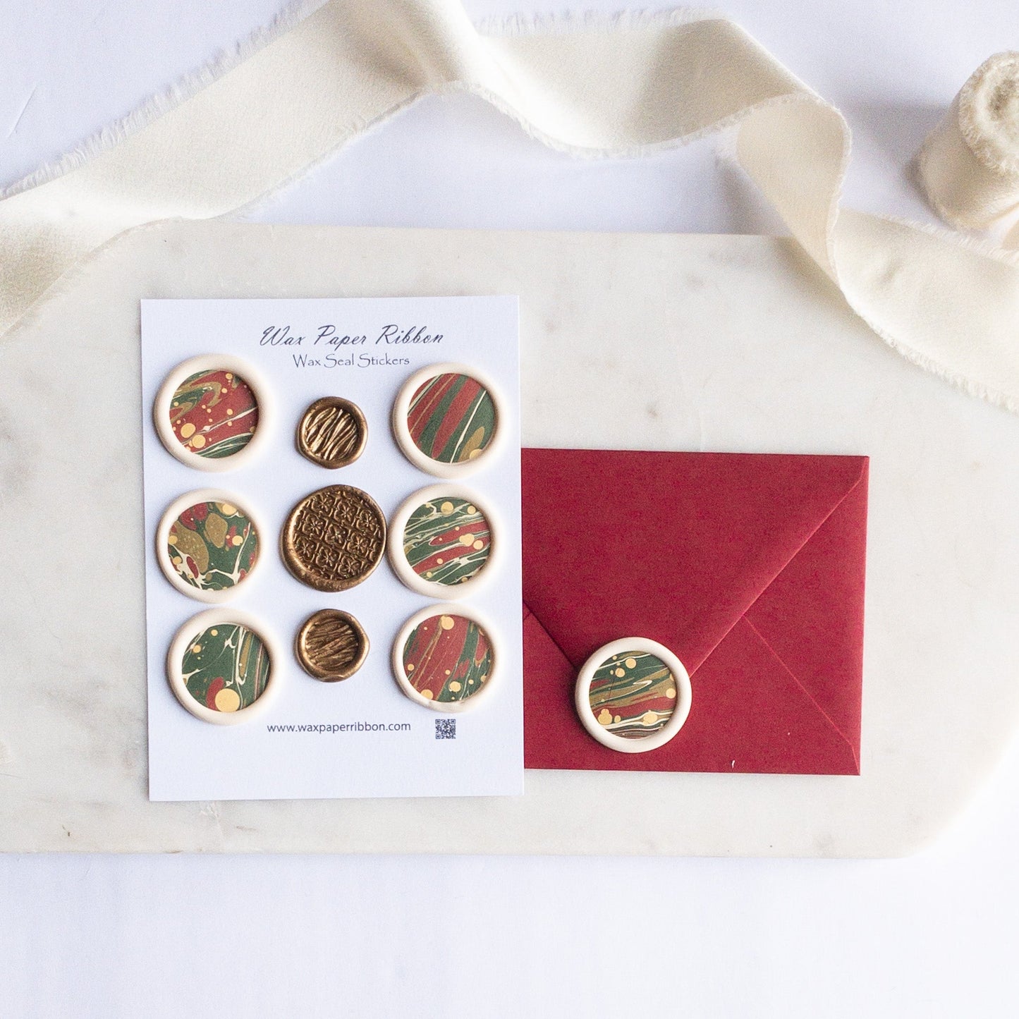 Red and Green Marble - Notecard Set with Wax Seals - Wax - Paper - RibbonNotecards